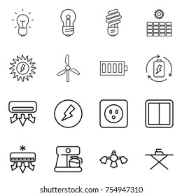 thin line icon set : bulb, sun power, windmill, battery, charge, air conditioning, electricity, socket, switch, coffee maker, hard reach place cleaning, iron board
