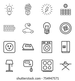 thin line icon set : bulb, lightning, sun power, battery, electric car, cooler fan, socket, iron, washing machine, fridge, floor lamp, mixer, hob, board