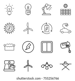 thin line icon set : bulb, table lamp, sun power, windmill, battery charge, electric car, electrostatic, electricity, switch, mixer, coffee maker, hard reach place cleaning, iron board