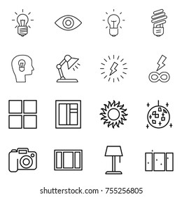 thin line icon set : bulb, eye, head, table lamp, lightning, infinity power, window, sun, disco ball, camera, floor, clean