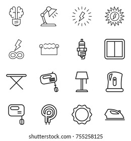 thin line icon set : bulb brain, table lamp, lightning, sun power, infinity, electrostatic, spark plug, switch, iron board, mixer, floor, kettle, elecric oven, induction