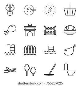 thin line icon set : bulb brain, cell corection, lightning, basket, chicken leg, arch, gothic architecture, building helmet, pool, fence, scissors, trees, rake, toilet