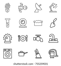 thin line icon set : bulb, satellite, antenna, table lamp, vial, web cam, electrostatic, construction, alarm, cafe, water tap, washing machine, saute pan, knife holder, vacuum cleaner
