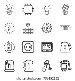 Thin line icon set : bulb, chip, lightning, sun power, battery, charge, socket, tv, kettle, vacuum cleaner