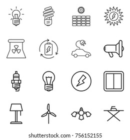 Thin line icon set : bulb, sun power, nuclear, battery charge, electric car, megafon, spark plug, electricity, switch, floor lamp, windmill, hard reach place cleaning, iron board