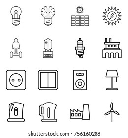 Thin line icon set : bulb, brain, sun power, hoverboard, crystall memory, spark plug, factory, socket, switch, speaker, floor lamp, kettle, windmill