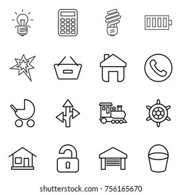 Thin line icon set : bulb, calculator, battery, bang, remove from basket, home, phone, baby stroller, route, train, handwheel, unlocked, garage, bucket