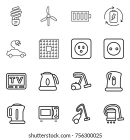 Thin line icon set : bulb, windmill, battery, charge, electric car, cpu, power socket, tv, kettle, vacuum cleaner, microwave oven
