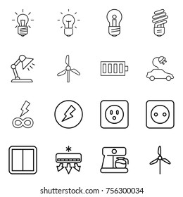 Thin line icon set : bulb, table lamp, windmill, battery, electric car, infinity power, electricity, socket, switch, air conditioning, coffee maker