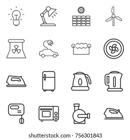 Thin line icon set : bulb, table lamp, sun power, windmill, nuclear, electric car, electrostatic, cooler fan, iron, fridge, kettle, mixer, grill oven, water pump