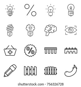 Thin line icon set : bulb, percent, brain, eye identity, add to basket, bridge, pencil, fence, eggplant
