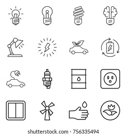 Thin line icon set : bulb, brain, table lamp, lightning, eco car, battery charge, electric, spark plug, barrel, power socket, switch, windmill, hand drop, ecology