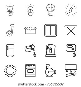 Thin line icon set : bulb, brain, lightning, segway, electrostatic, power switch, iron board, fridge, mixer, kettle, induction oven, water pump, hand dryer