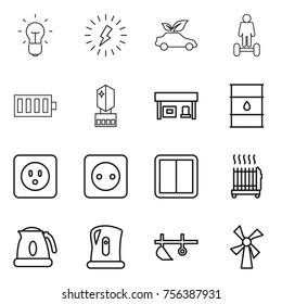 Thin line icon set : bulb, lightning, eco car, hoverboard, battery, crystall memory, gas station, barrel, power socket, switch, radiator, kettle, plow, windmill