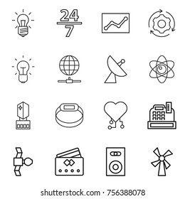 Thin line icon set : bulb, 24 7, statistics, around gear, globe connect, satellite antenna, atom, crystall memory, smart bracelet, cardio chip, cashbox, credit card, speaker, windmill