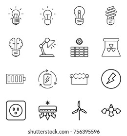 Thin line icon set : bulb, brain, table lamp, sun power, nuclear, battery, charge, electrostatic, electricity, socket, air conditioning, windmill, hard reach place cleaning