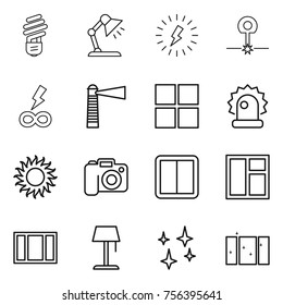 Thin line icon set : bulb, table lamp, lightning, laser, infinity power, lighthouse, window, alarm, sun, camera, switch, floor, shining, clean