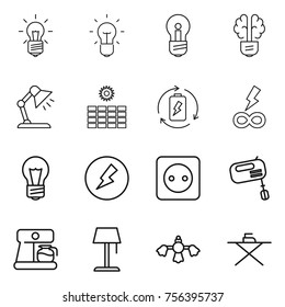 Thin line icon set : bulb, brain, table lamp, sun power, battery charge, infinity, electricity, socket, mixer, coffee maker, floor, hard reach place cleaning, iron board