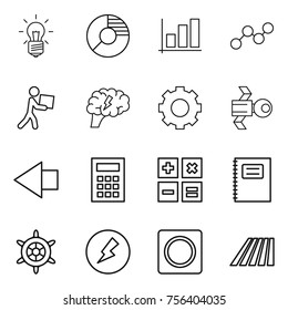 Thin line icon set : bulb, circle diagram, graph, courier, brain, gear, satellite, left arrow, calculator, copybook, handwheel, electricity, ring button, field