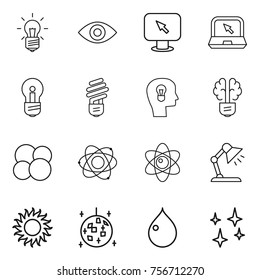 Thin Line Icon Set : Bulb, Eye, Monitor Arrow, Notebook, Head, Brain, Atom Core, Table Lamp, Sun, Disco Ball, Drop, Shining