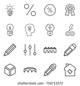 thin line icon set : bulb, percent, medal, head, brain, infinity power, pencil, equalizer, bridge, 3d, smart house