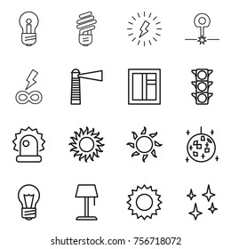 thin line icon set : bulb, lightning, laser, infinity power, lighthouse, window, traffic light, alarm, sun, disco ball, floor lamp, shining