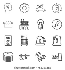 thin line icon set : bulb head, gear, eco car, battery charge, electrostatic, factory, electricity, speaker, radiator, kettle, pancakes, plow, gears
