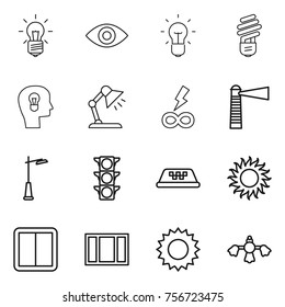 Thin line icon set : bulb, eye, head, table lamp, infinity power, lighthouse, outdoor light, traffic, taxi, sun, switch, window, hard reach place cleaning