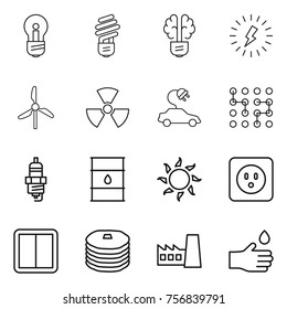 Thin line icon set : bulb, brain, lightning, windmill, nuclear, electric car, chip, spark plug, barrel, sun, power socket, switch, pancakes, factory, hand drop