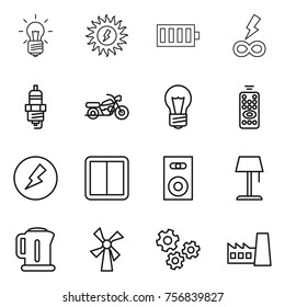 Thin line icon set : bulb, sun power, battery, infinity, spark plug, motorcycle, remote control, electricity, switch, speaker, floor lamp, kettle, windmill, gears, factory