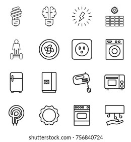 Thin line icon set : bulb, brain, lightning, sun power, hoverboard, cooler fan, socket, washing machine, fridge, mixer, grill oven, elecric, induction, hand dryer