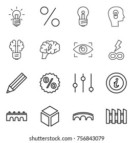Thin line icon set : bulb, percent, head, brain, eye identity, infinity power, pencil, equalizer, info, bridge, 3d, fence