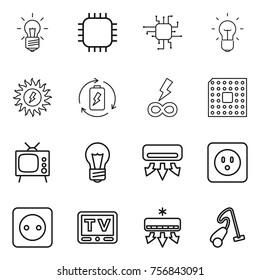 Thin line icon set : bulb, chip, sun power, battery charge, infinity, cpu, tv, air conditioning, socket, vacuum cleaner