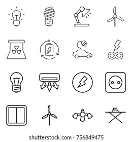 Thin line icon set : bulb, table lamp, windmill, nuclear power, battery charge, electric car, infinity, air conditioning, electricity, socket, switch, hard reach place cleaning, iron board