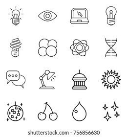 Thin line icon set : bulb, eye, notebook, atom core, dna, discussion, table lamp, goverment house, sun, disco ball, cherry, drop, shining