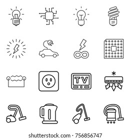Thin line icon set : bulb, chip, lightning, electric car, infinity power, cpu, electrostatic, socket, tv, air conditioning, vacuum cleaner, kettle