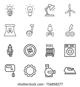 Thin line icon set : bulb, table lamp, windmill, nuclear power, hoverboard, infinity, spark plug, cooler fan, radiator, washing machine, mixer, induction oven, water pump, iron