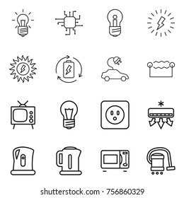 Thin line icon set : bulb, chip, lightning, sun power, battery charge, electric car, electrostatic, tv, socket, air conditioning, kettle, microwave oven, vacuum cleaner