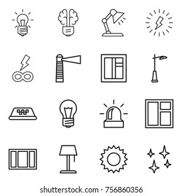 Thin line icon set : bulb, brain, table lamp, lightning, infinity power, lighthouse, window, outdoor light, taxi, alarm, floor, sun, shining