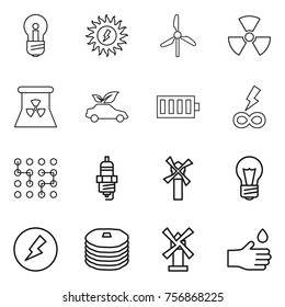 Thin line icon set : bulb, sun power, windmill, nuclear, eco car, battery, infinity, chip, spark plug, electricity, pancakes, hand drop
