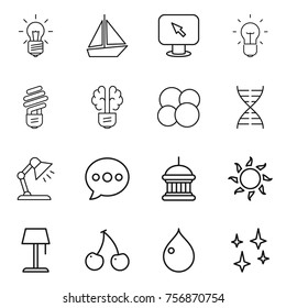 Thin line icon set : bulb, boat, monitor arrow, brain, atom core, dna, table lamp, balloon, goverment house, sun, floor, cherry, drop, shining