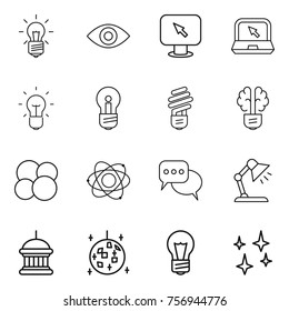 Thin line icon set : bulb, eye, monitor arrow, notebook, brain, atom core, discussion, table lamp, goverment house, disco ball, shining