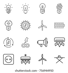 Thin line icon set : bulb, brain, sun power, windmill, battery, charge, infinity, megafon, air conditioning, socket, iron board