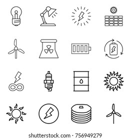 Thin line icon set : bulb, table lamp, lightning, sun power, windmill, nuclear, battery, charge, infinity, spark plug, barrel, electricity, pancakes