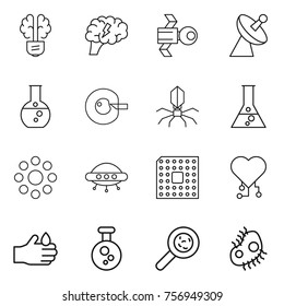 Thin line icon set : bulb brain, satellite, antenna, round flask, cell corection, virus, around, ufo, cpu, cardio chip, acid, chemical, viruses, microb