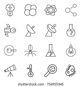 Thin line icon set : bulb brain, atom core, molecule, satellite, antenna, round flask, cell corection, virus, rocket, telescope, thermometer, viruses, microb