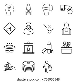 Thin line icon set : bulb head, hoverboard, virtual mask, hand coin, under construction, support manager, do not trolley sign, workman, confidential, detector, passenger, inspector, surfer, pancakes