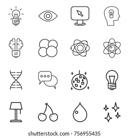 Thin line icon set : bulb, eye, monitor arrow, head, brain, atom core, dna, discussion, disco ball, floor lamp, cherry, drop, shining