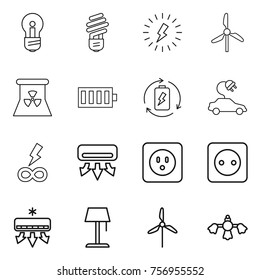 Thin line icon set : bulb, lightning, windmill, nuclear power, battery, charge, electric car, infinity, air conditioning, socket, floor lamp, hard reach place cleaning