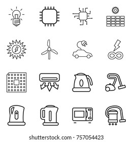 Thin line icon set : bulb, chip, sun power, windmill, electric car, infinity, cpu, air conditioning, kettle, vacuum cleaner, microwave oven